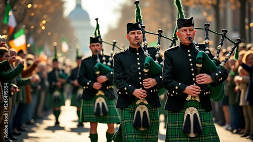 Wallpaper Mural Irish bagpipers in green tartan kilts play a rousing melody in a St. Patrick’s Day parade, marching proudly as spectators cheer and golden confetti flutters in the air. Torontodigital.ca