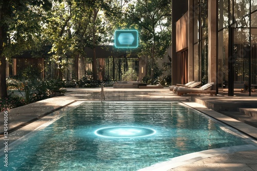 Floating hologram in a pool area visualizes AI-monitored safety zones.