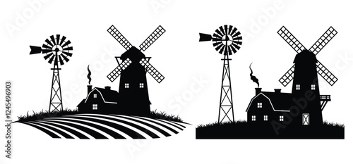 Farmhouse and Windmill Silhouettes with white background   