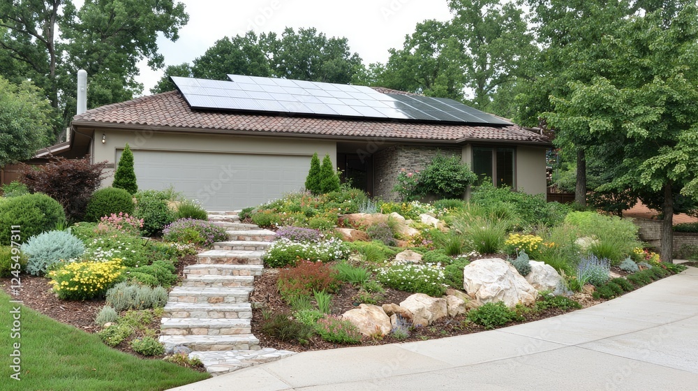 Fototapeta premium Suburban house with solar panels, landscaped garden, driveway