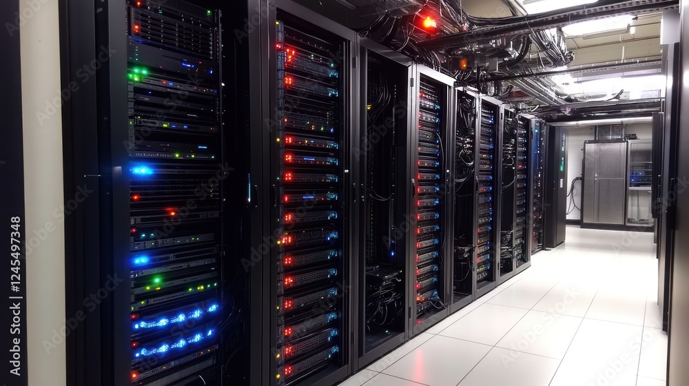 Server room with rows of network servers. Server room with rows of network servers.