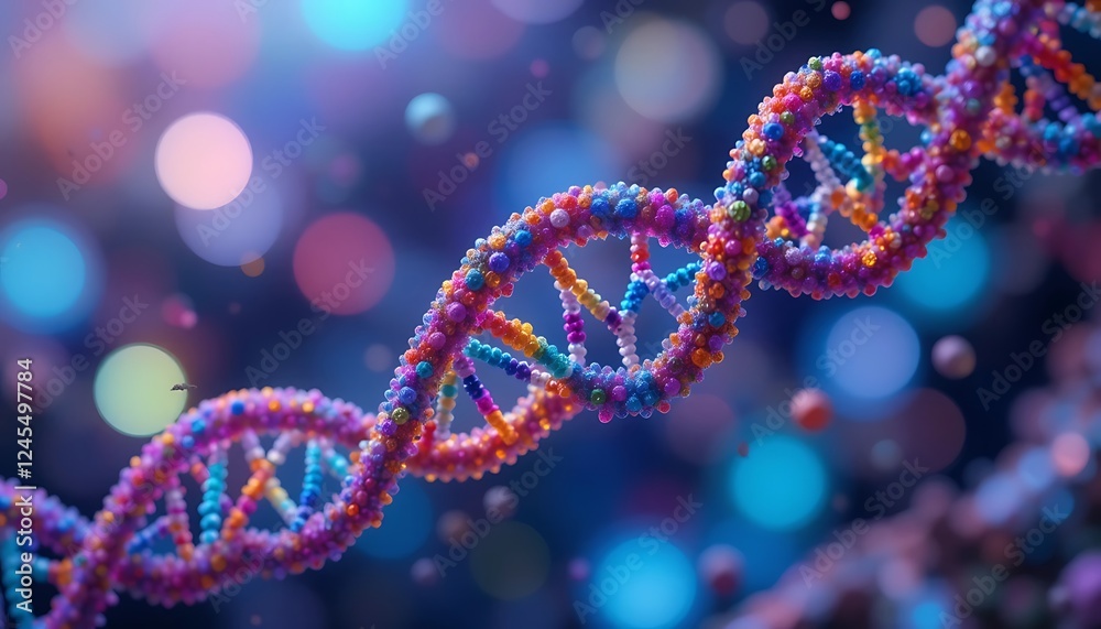 Close-up view of a colorful, detailed 3D rendering of a DNA double helix, showcasing its intricate structure and vibrant colors against a bokeh background. Close-up view of a colorful, detailed 3D rendering of a DNA double helix, showcasing its intricate structure and vibrant colors against a bokeh background.
