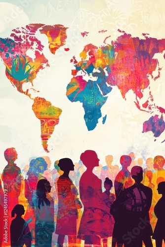 Celebrating World day of cultural diversity with vibrant global representation. Vertical banner. Copy space. Watercolor illustration. World Population Day