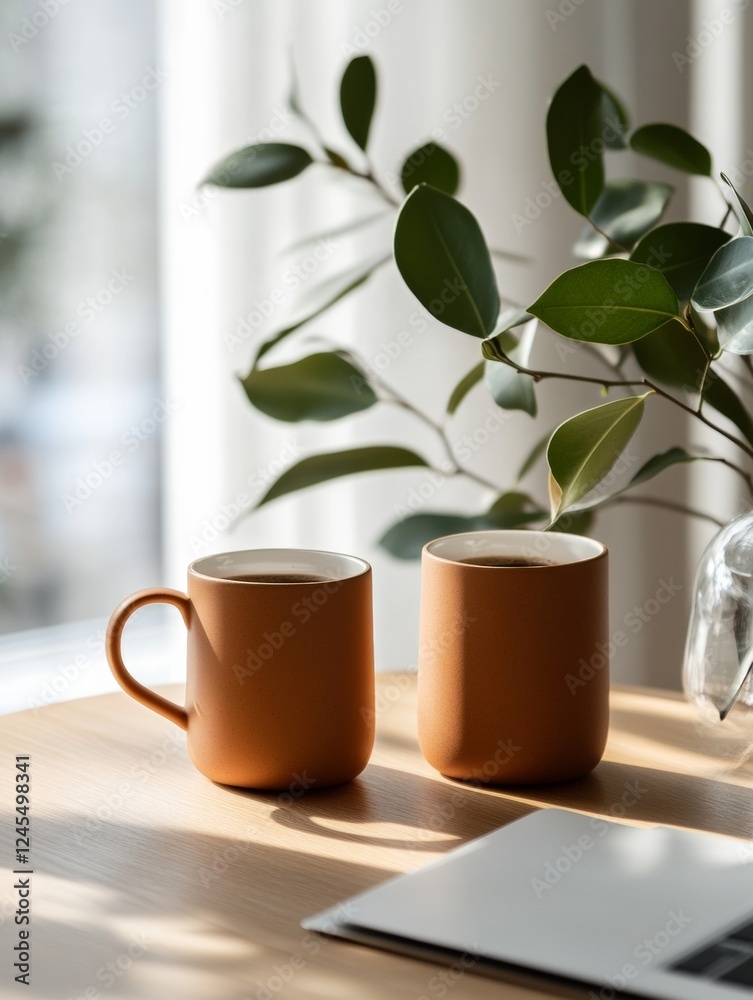 Scandinavian Workspace Serenity Ceramic Coffee Mugs by the Laptop with Indoor Greenery - Elevating Professional Ambiance for Modern Office Wellbeing and Creative Collaboration Scandinavian Workspace Serenity Ceramic Coffee Mugs by the Laptop with Indoor Greenery - Elevating Professional Ambiance for Modern Office Wellbeing and Creative Collaboration