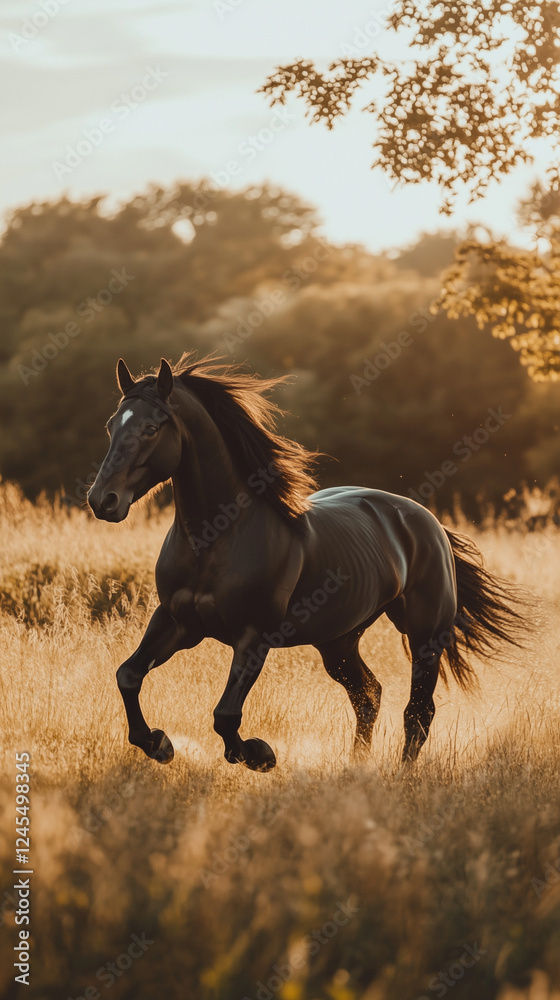 Powerful black stallion galloping freely in a sunlit field with stunning grace Powerful black stallion galloping freely in a sunlit field with stunning grace