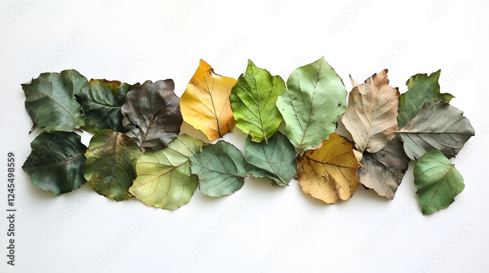 13. Green and dry leaves overlapping each other, creating an organic design on white 13. Green and dry leaves overlapping each other, creating an organic design on white