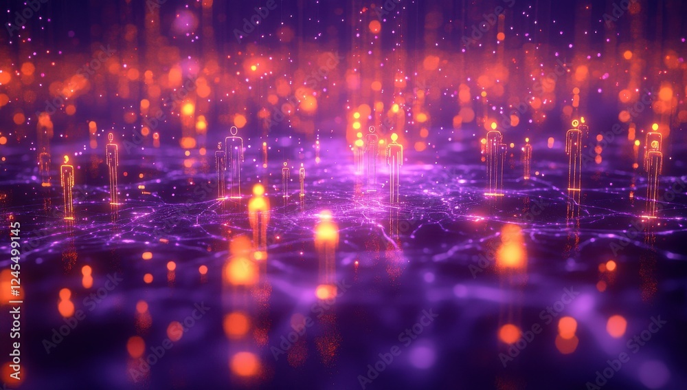 Fototapeta premium Abstract Digital Network Illustration Featuring Floating Human Figures and Glowing Particles in Vibrant Purple and Orange Colors