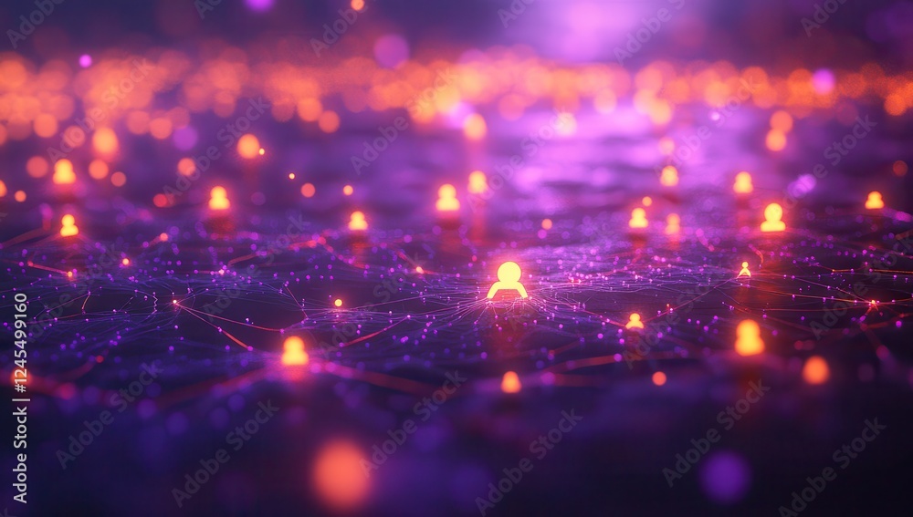 Obraz premium Abstract digital network with glowing human figures representing connections, communication, and interaction in a futuristic environment