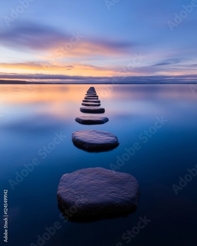 Serenity Pathway Art Diminishing Stone Steps in Calm Ocean at Sunset - Mindfulness Journey Imagery for Wellness Content and Spa Retreat Branding