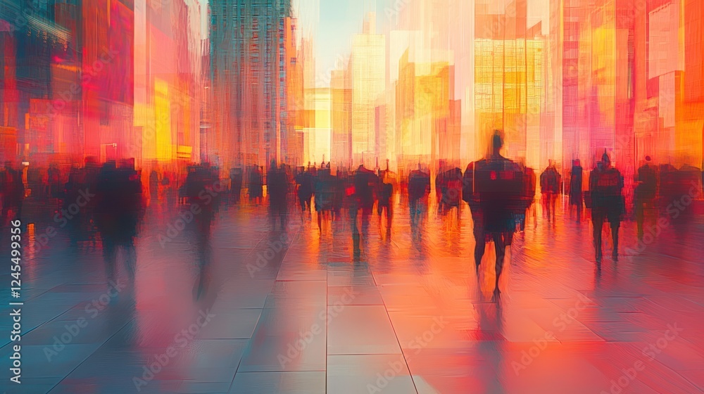 Blurred crowd walking city street sunset. Blurred crowd walking city street sunset.
