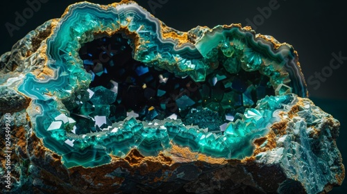 Enchanting Geode Revealing Vibrant Green Dioptase Crystals Within, Nature's Intricate Masterpiece of Green Beauty and Elegance photo