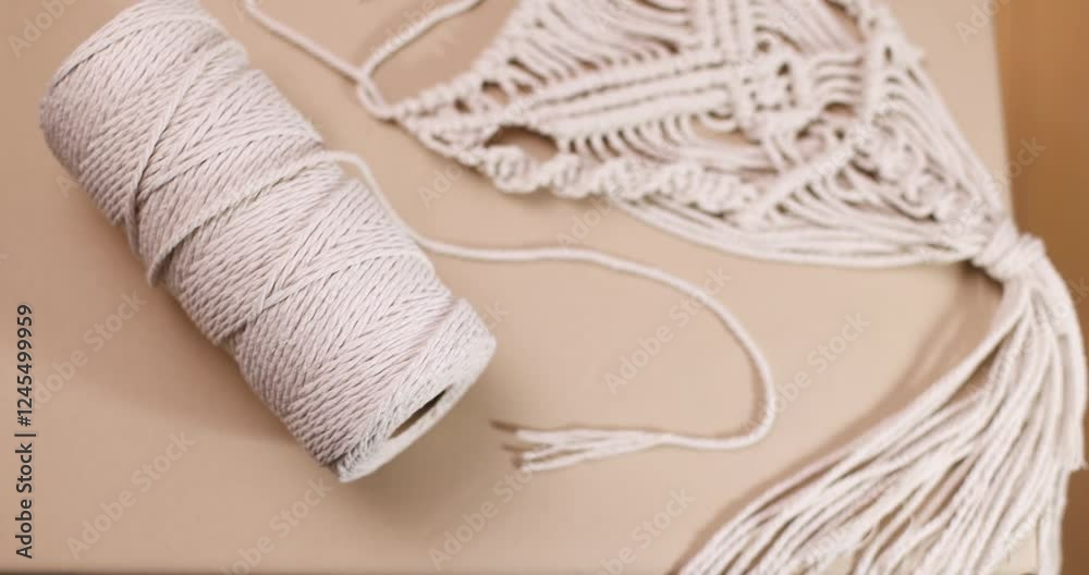 macrame and cotton threads on light background, suitable for banners and advertising of macrame and boho crafts
