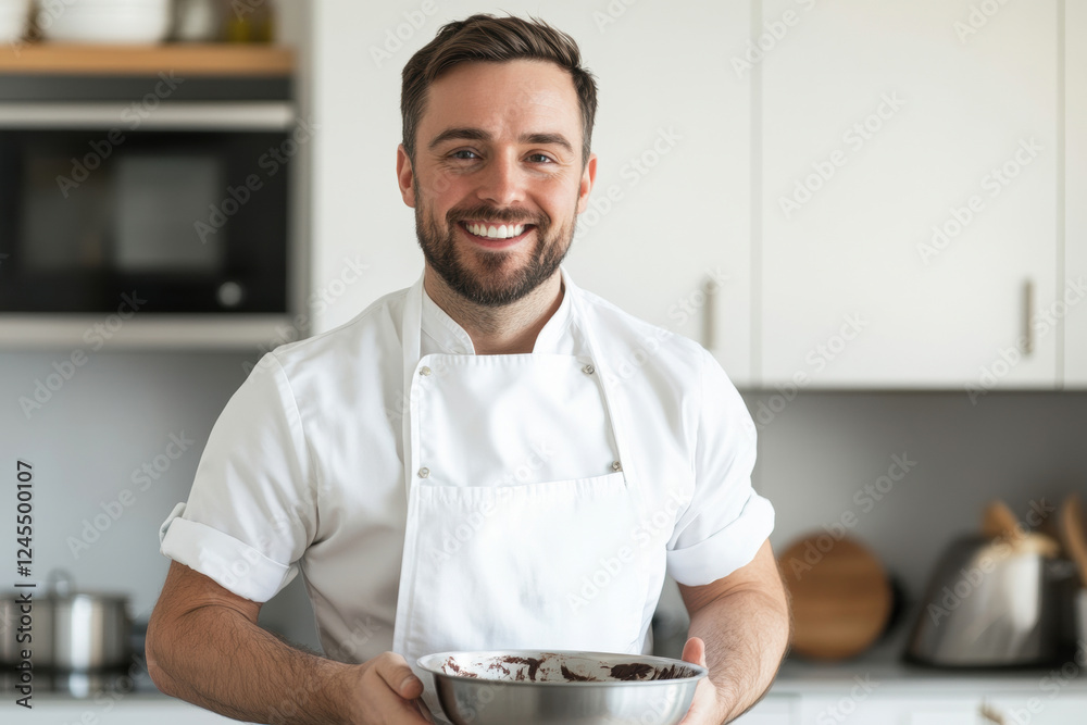 Smiling Male Chef Holding Mixing Bowl in Modern Kitchen Smiling Male Chef Holding Mixing Bowl in Modern Kitchen