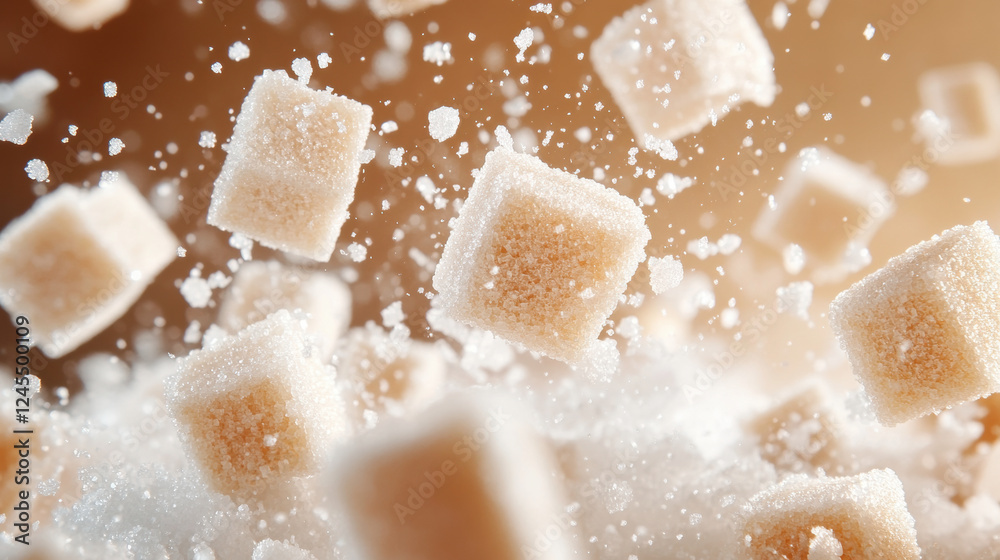 Floating Sugar Cubes in Motion Against a Brown Background Floating Sugar Cubes in Motion Against a Brown Background