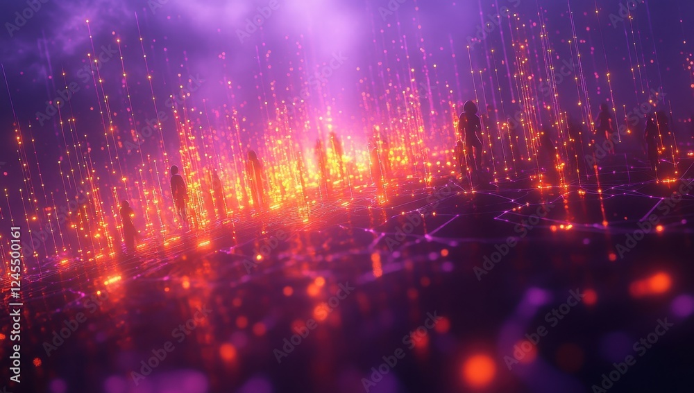 Fototapeta premium Abstract futuristic landscape with glowing light particles, digital connections and silhouettes, creating a vibrant sci-fi atmosphere suitable for tech themes