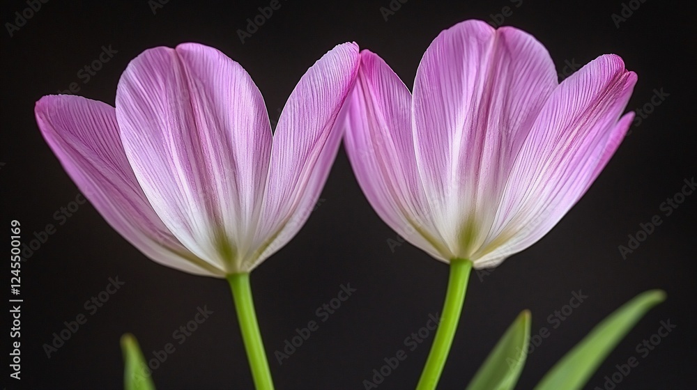 Two pink tulips, close-up, dark background, spring bloom Two pink tulips, close-up, dark background, spring bloom