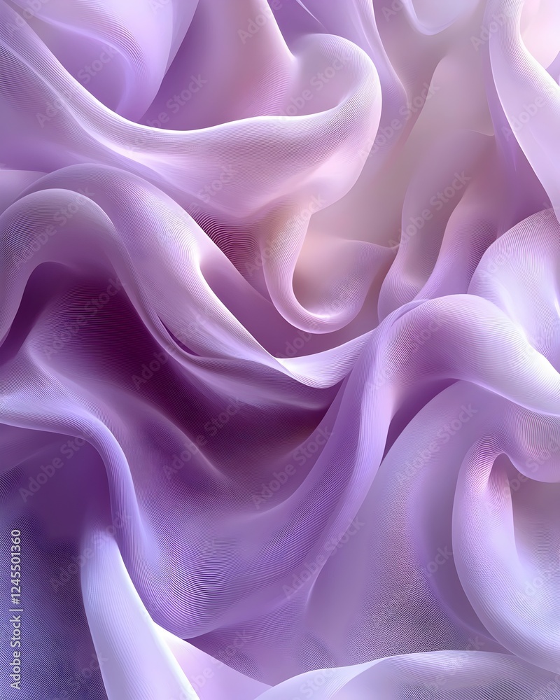 Obraz premium A close-up view of soft, flowing fabric in shades of lavender and light purple, creating a dreamy and ethereal atmosphere through gentle folds and curves.