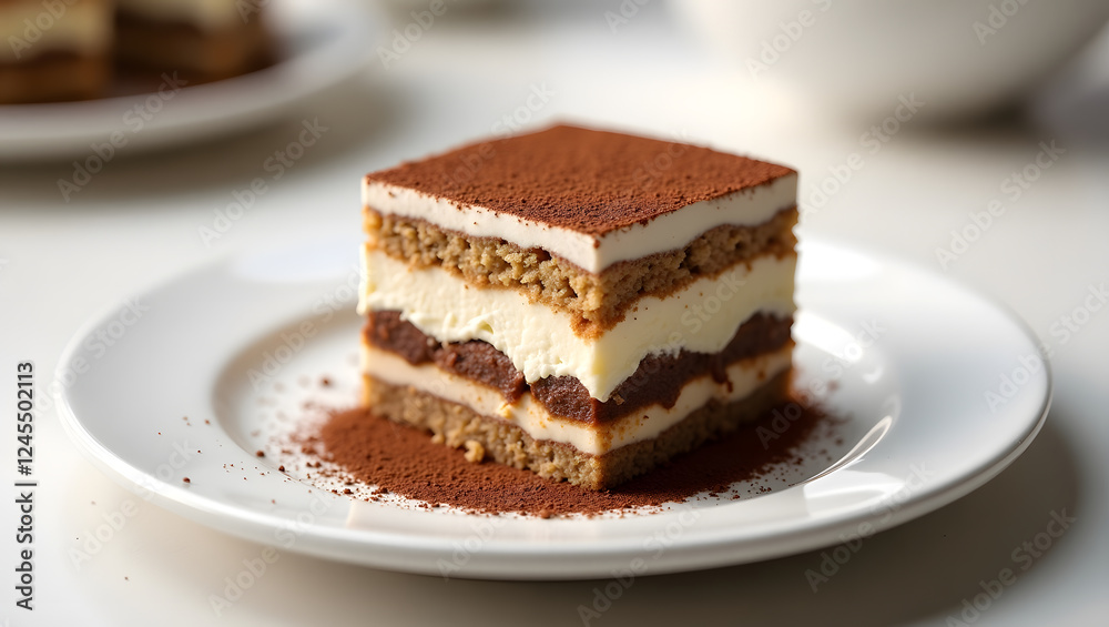 Slice of tiramisu cake on a white plate with cocoa powder. Perfect for food blogs, restaurant menus, dessert recipes, and promotional materials. Slice of tiramisu cake on a white plate with cocoa powder. Perfect for food blogs, restaurant menus, dessert recipes, and promotional materials.