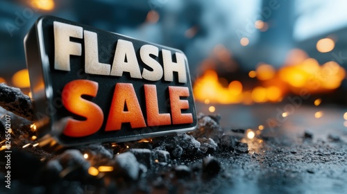 Vibrant Dark Metallic Flash Sale Label with Fiery Glowing Text Announcing a Limited Time Discount or Promotional Offer for E Commerce Retail or Marketing Purposes photo