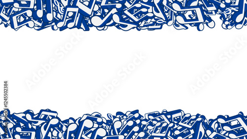 Empty sheet of horizontal banner with notes, musical keys signs and symbols piled up in heap. Musical notes folded into border lines at top and bottom. Vector banner for advertising of music party