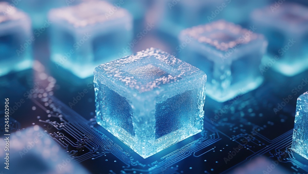 Abstract representation of digital ice cubes with glowing edges and circuit board pattern, symbolizing technology and innovation in a futuristic manner Abstract representation of digital ice cubes with glowing edges and circuit board pattern, symbolizing technology and innovation in a futuristic manner