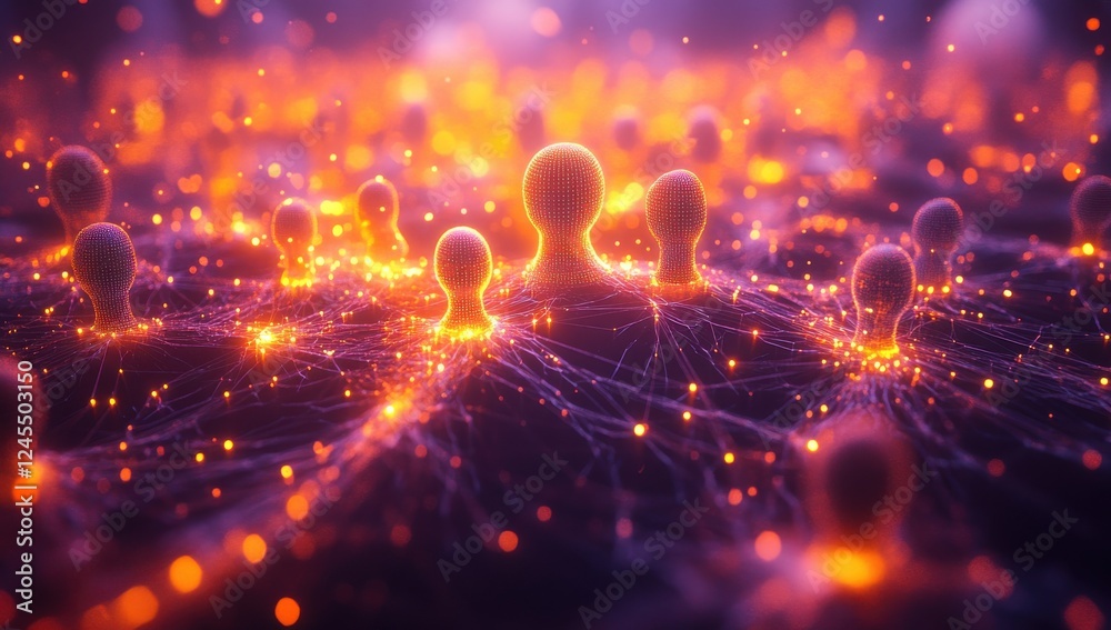 Fototapeta premium Abstract representation of interconnected digital figures in glowing network, showcasing technology and innovation in a surreal, vibrant environment