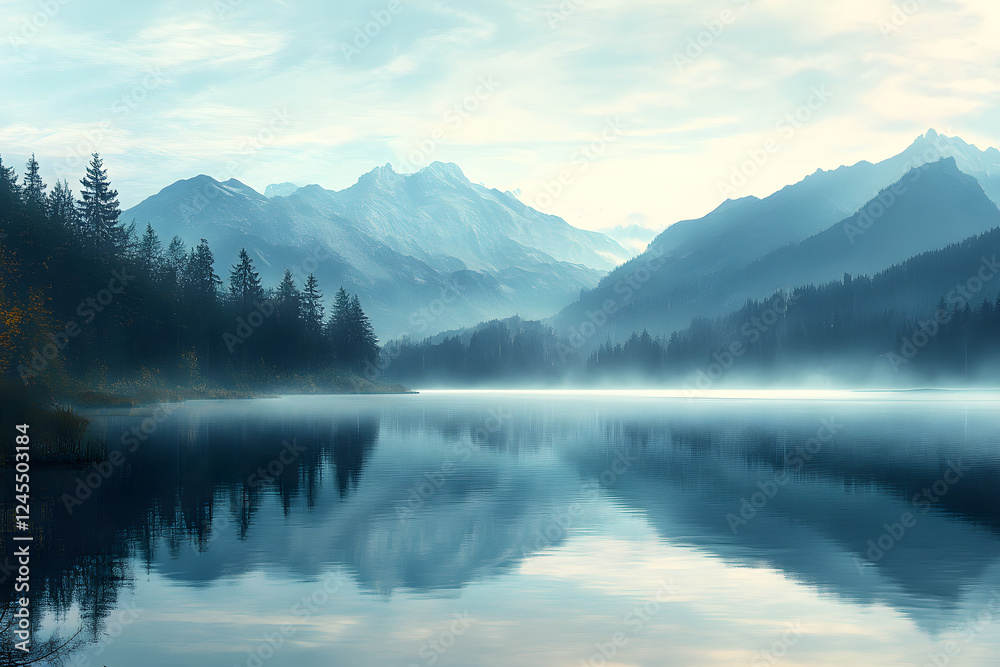 Fototapeta premium Serenity at Dawn: A Majestic Mountain Lake Wrapped in Morning Mist