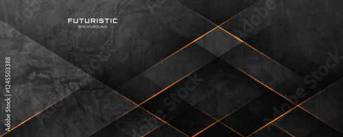 3D black rough grunge abstract background overlap layer on dark space with orange lines effect decoration. Modern graphic design element cutout style concept for banner, flyer, card or brochure cover