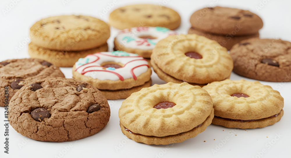 A collection of assorted cookies displayed on a clean white background. A collection of assorted cookies displayed on a clean white background.