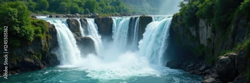 Turbulent water rushes down steep gorge walls, green, waterfall, erosion