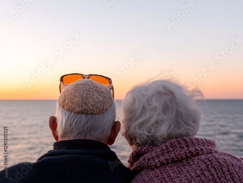 Serene Coastal Sunset Elderly Companionship in Knitted Textures - Warmth and Connection for Senior Wellness Campaigns and Lifestyle Branding photo