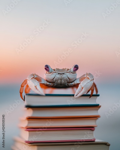 Coastal Tranquility Aesthetic Pastel Crab atop Seaside Books Stack Textured Beach Decor for Modern Interior Design and Relaxed Retail Ambience photo