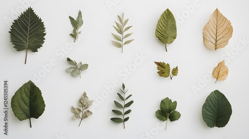 86. A calming collection of dry and green leaves placed sporadically on white paper photo