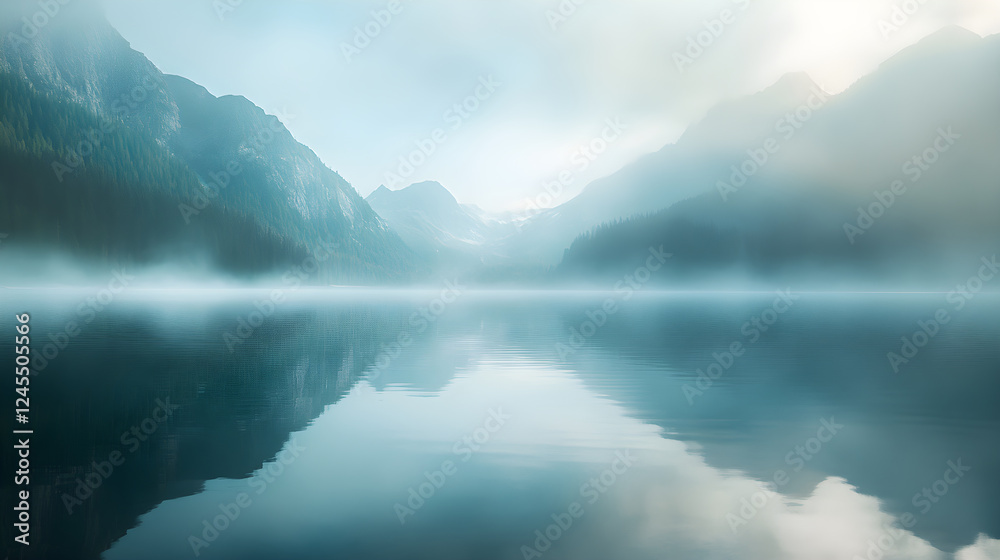 Fototapeta premium Serenity at Dawn: A Majestic Mountain Lake Wrapped in Morning Mist