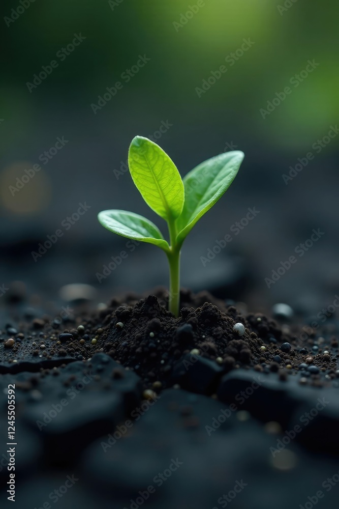 Naklejka premium Tiny green shoot emerging from cracked black soil, growth, plant, dark