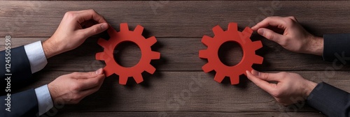 Rustic Industrial Aesthetic Hands Aligning Gears on Wooden Surface - Collaborative Business Strategy Content and Workforce Synergy for Modern Efficiency
