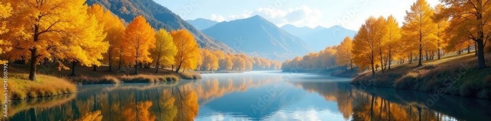 Fototapeta premium The yellow of autumn trees blends with the blue of the sky and water, yellow, nature, color