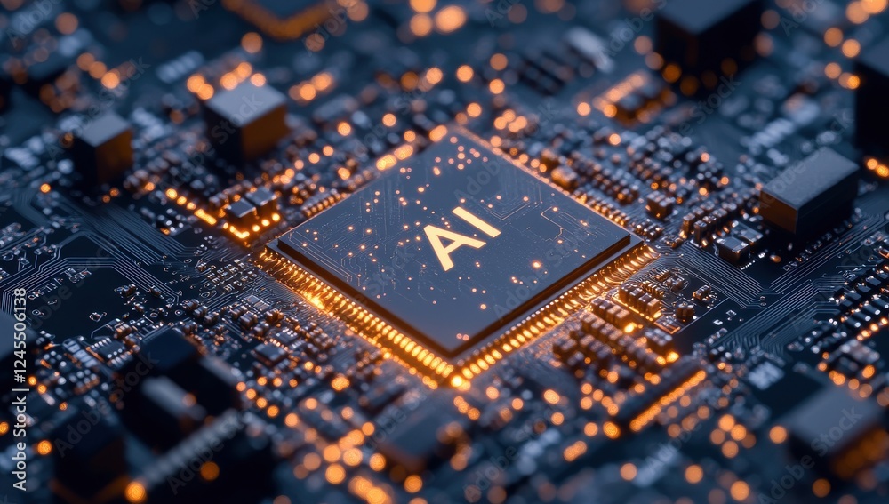 Close-Up of a Modern Microchip Featuring AI Technology with Glowing Lights on a Circuit Board for High-Tech Innovations and Digital Advancements Close-Up of a Modern Microchip Featuring AI Technology with Glowing Lights on a Circuit Board for High-Tech Innovations and Digital Advancements