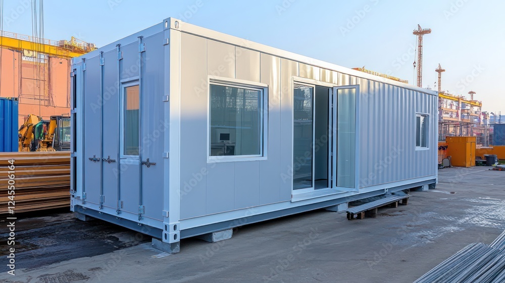 Modern shipping container converted into a portable office or dwelling. Modern shipping container converted into a portable office or dwelling.