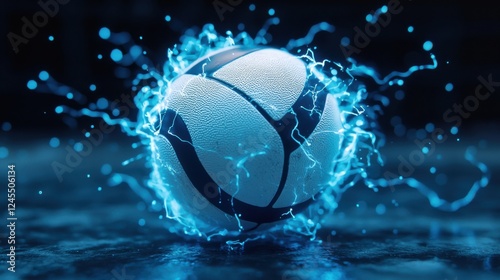 Powerful and dynamic volleyball spike moment captured in a glowing futuristic digital artwork  The athlete s jump and the splashing water create a sense of energy and motion photo