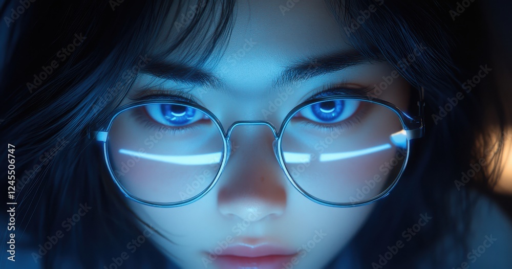 Close-Up Portrait of a Woman with Striking Blue Eyes Wearing Trendy Glasses Captured in Low Light Environment for Creative Aesthetic Photography Close-Up Portrait of a Woman with Striking Blue Eyes Wearing Trendy Glasses Captured in Low Light Environment for Creative Aesthetic Photography