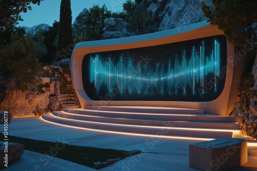 AI-driven holograms optimize sound dynamically at a serene outdoor theater.