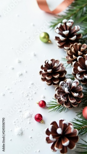Snow-covered pinecones on white background with ribbons, present, christmas, decorations