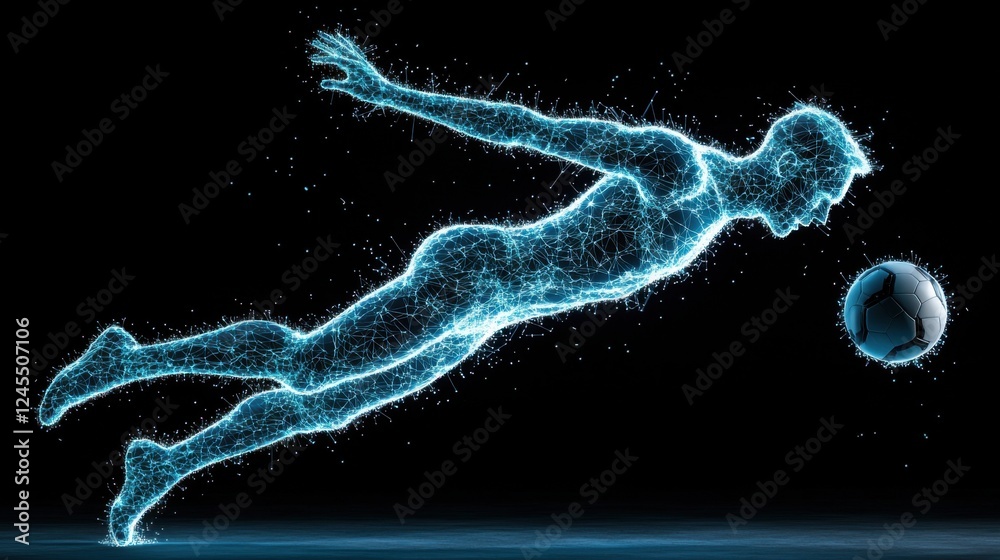 Silhouetted human figure leaping in dynamic motion surrounded by glowing digital particles capturing the energy and intensity of a volleyball moment in an abstract conceptual composition Silhouetted human figure leaping in dynamic motion surrounded by glowing digital particles capturing the energy and intensity of a volleyball moment in an abstract conceptual composition