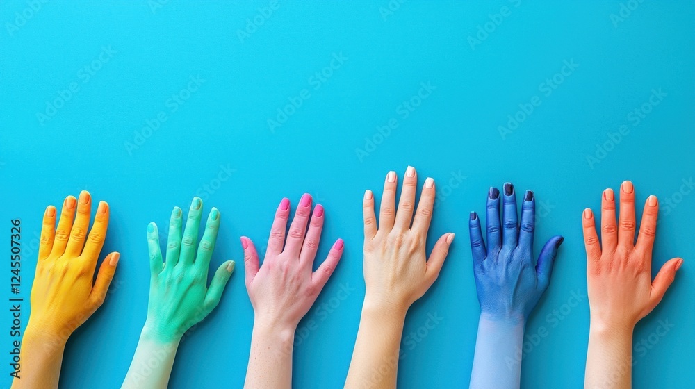 Rainbow hands raised, blue background, unity concept, diversity stock photo Rainbow hands raised, blue background, unity concept, diversity stock photo