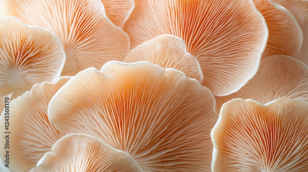 Delicate layers of orange oyster mushrooms are showcased in a close-up view, highlighting their intricately textured gills and soft hues, inviting admiration of nature’s artistry Delicate layers of orange oyster mushrooms are showcased in a close-up view, highlighting their intricately textured gills and soft hues, inviting admiration of nature’s artistry