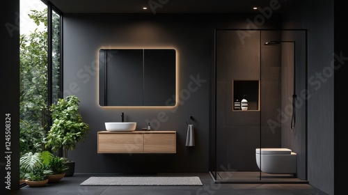 Sleek and Sophisticated Modern Minimalist Bathroom with AI Controlled Lighting and Integrated Smart Home IoT Technology for a Serene and Efficient Home Environment