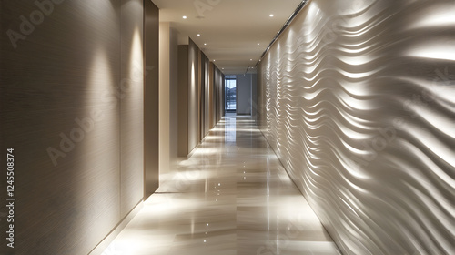 corporate hallway with flickering lights, deep shadows forming unnatural shapes along the walls 