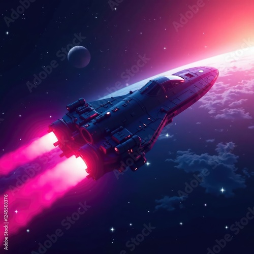 Wallpaper Mural Neon-lit spaceship piercing through planetary atmosphere, ambient light, cosmic, radiant Torontodigital.ca