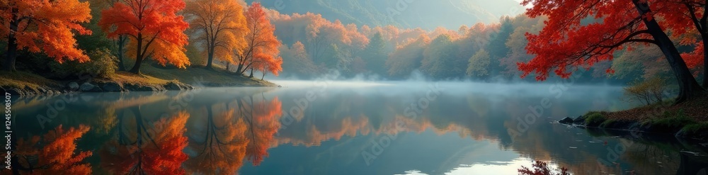 Muted hues of autumn leaves reflected on calm lake water, peaceful, nature Muted hues of autumn leaves reflected on calm lake water, peaceful, nature